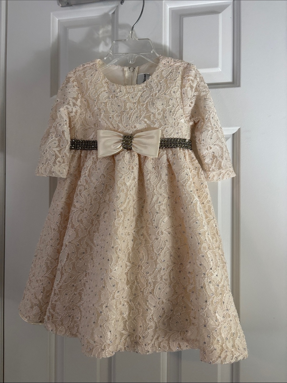 Rare Editions Cream Lace Party Dress with Bow and Rhinestone Waist